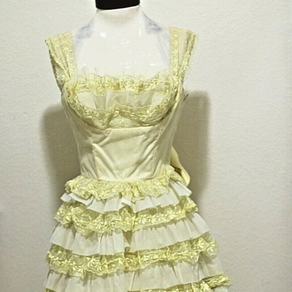 50's Vintage Prom Dress Yellow Tiered Tulle - Picture 2 of 8